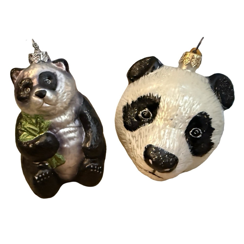 Lot of 2 Panda ornaments Discovery Channel Store Glass Christmas Poland 3.5"